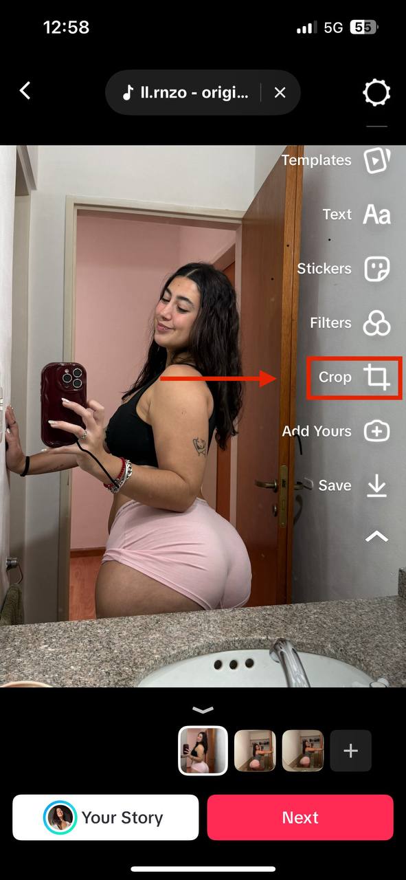 TikTok editor with Crop button highlighted